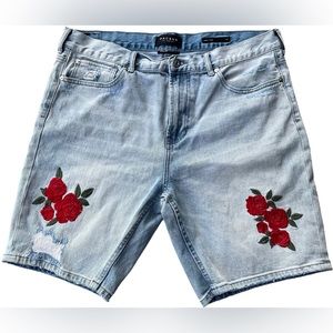Pacsun Los Angeles Men Denim Embroidered Rose Slim Stretchy Shorts Waist 36
